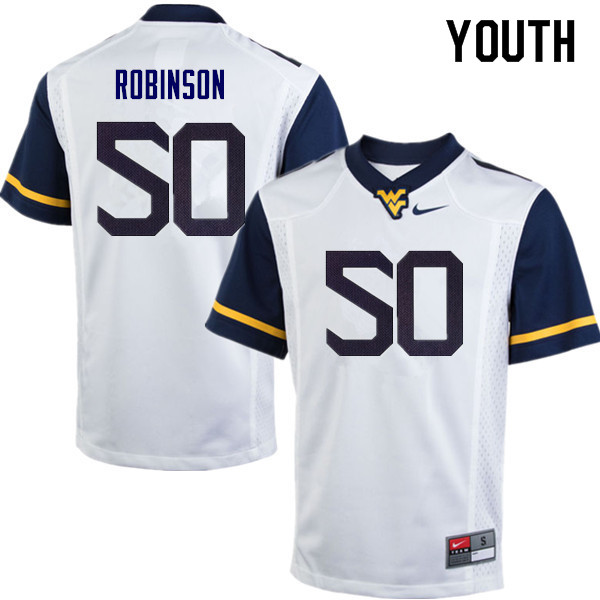 Youth #50 Jabril Robinson West Virginia Mountaineers College Football Jerseys Sale-White - Click Image to Close